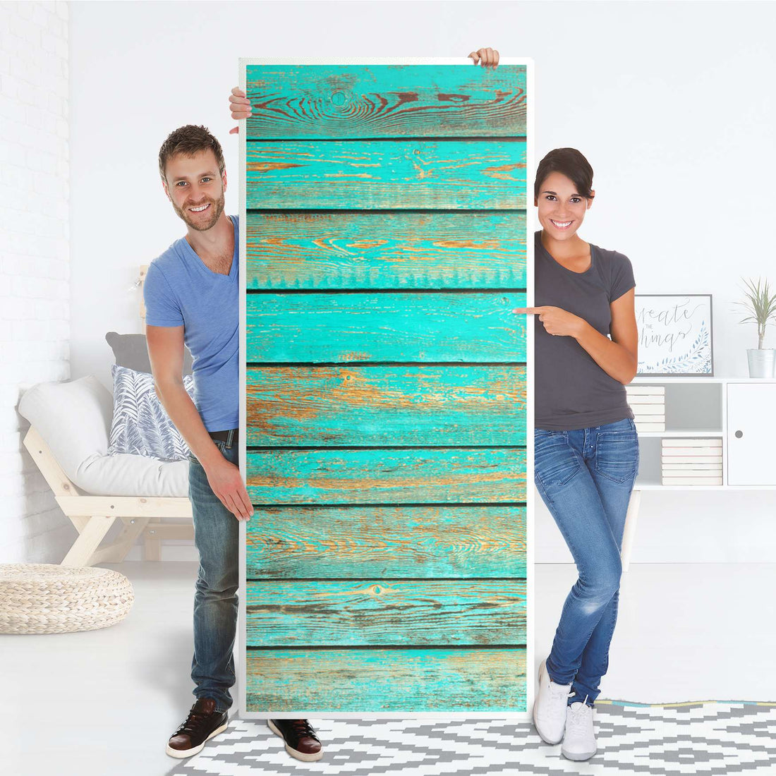 Selbstklebende Türfolie - Wooden Aqua (Innen-/Außenfläche)